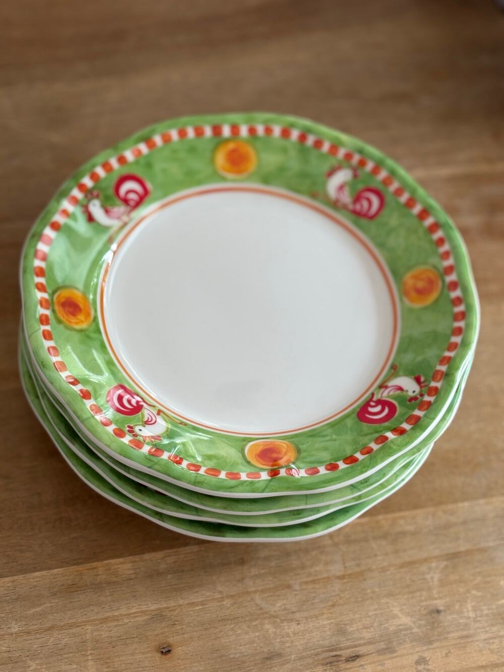 New set 4 Vietri Campagna Melamine Porco Salad Plates pig carrots 8” red white